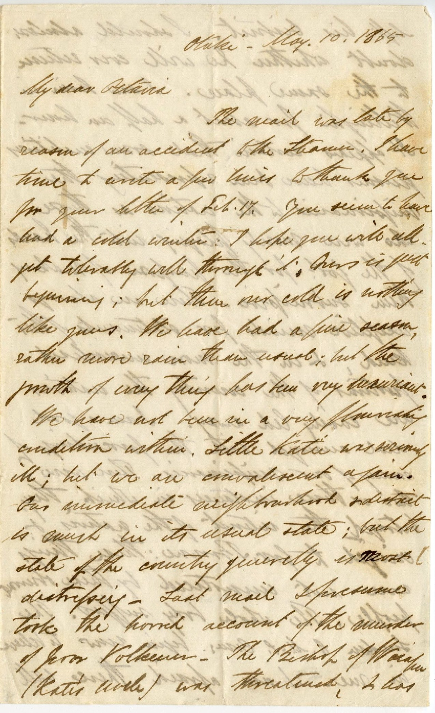 Letter from Octavius Hadfield to his sister Octavia, May 1865