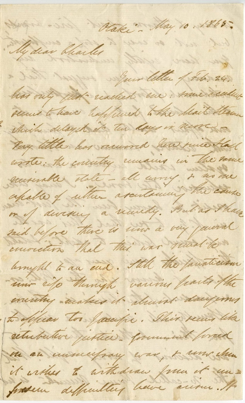 Letter from Octavius Hadfield to his brother Charles, May 1865