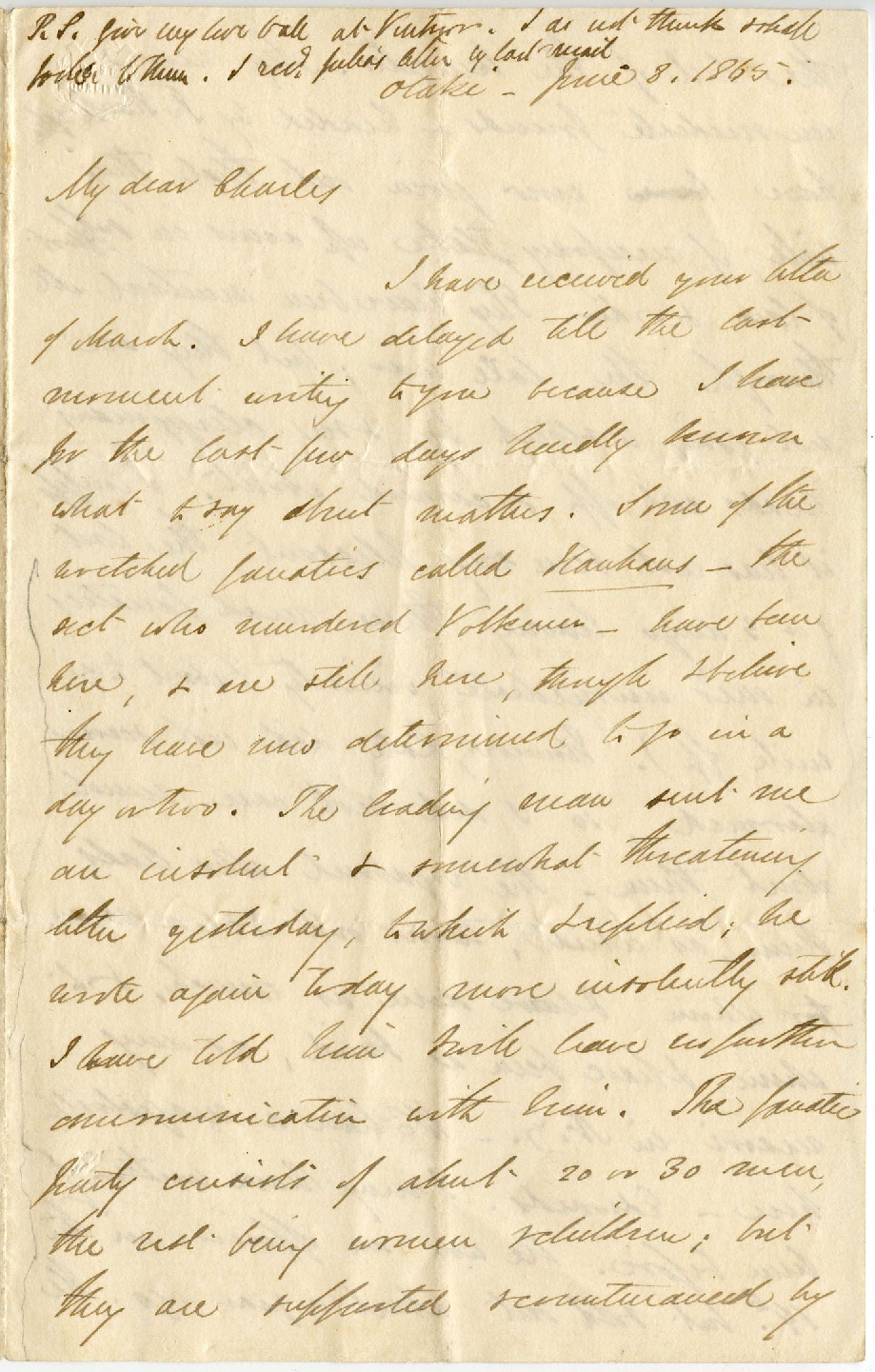 Letter from Octavius Hadfield to his brother Charles, June 1865