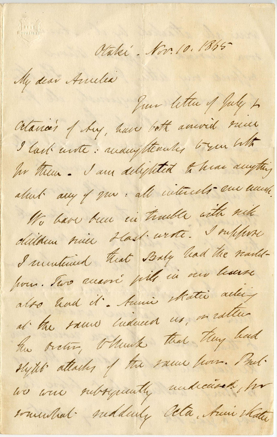 Letter from Octavius Hadfield to his sister Amelia, November 1865