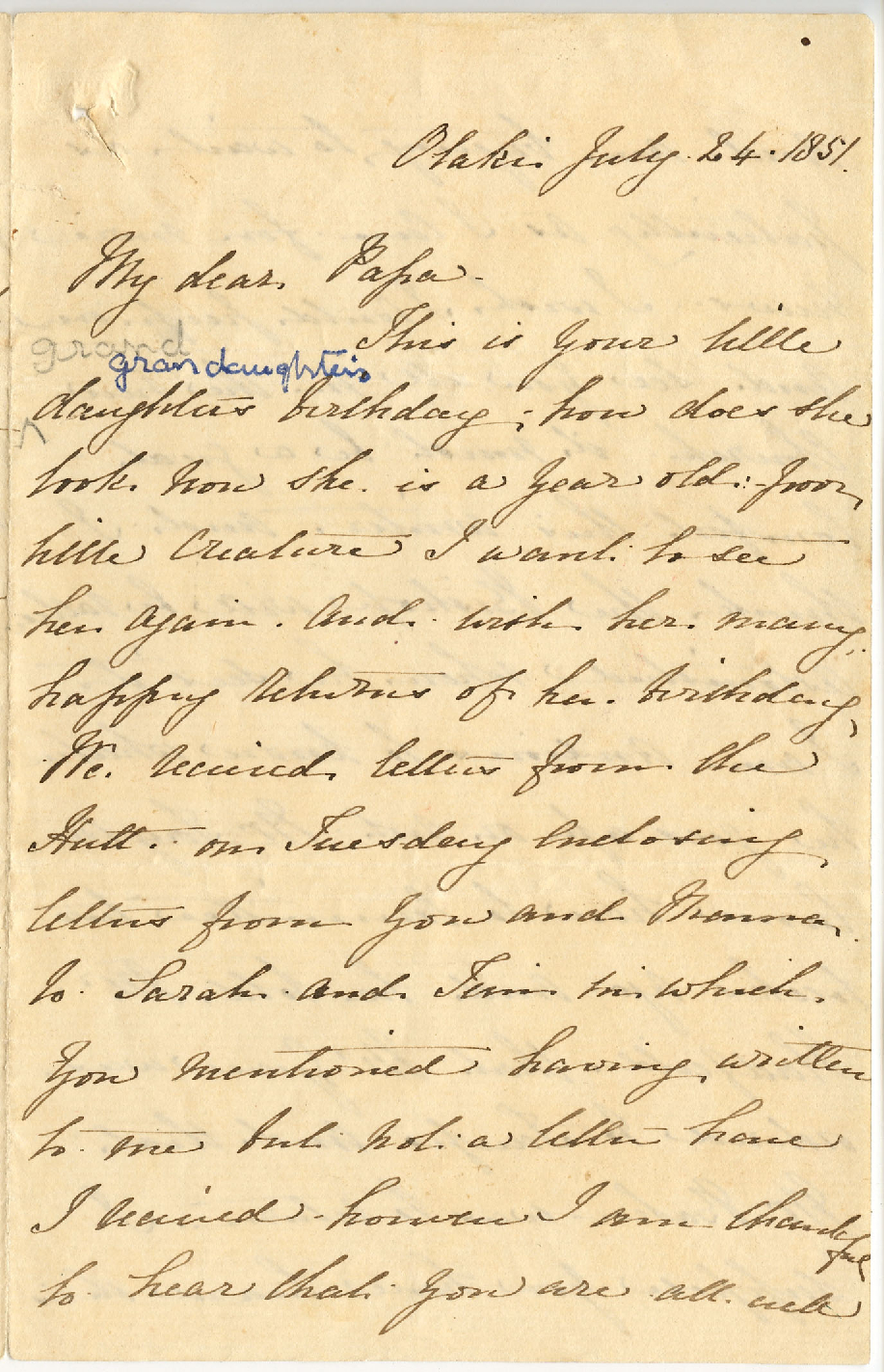 Letter from Catherine Hadfield to her father, Henry Williams, July 1851