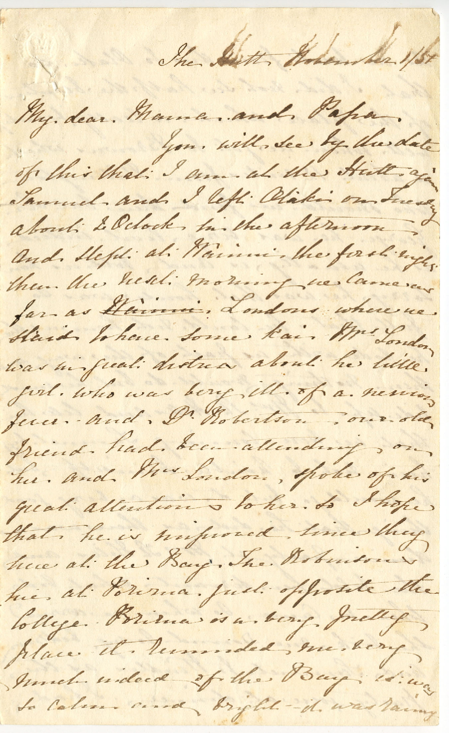 Letter from Catherine Hadfield to her parents, Marianne and Henry Williams, November 1851