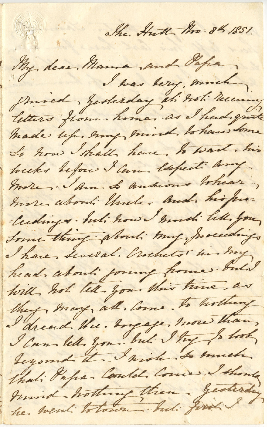 Letter from Catherine Hadfield to her parents, Marianne and Henry Williams, November 1851