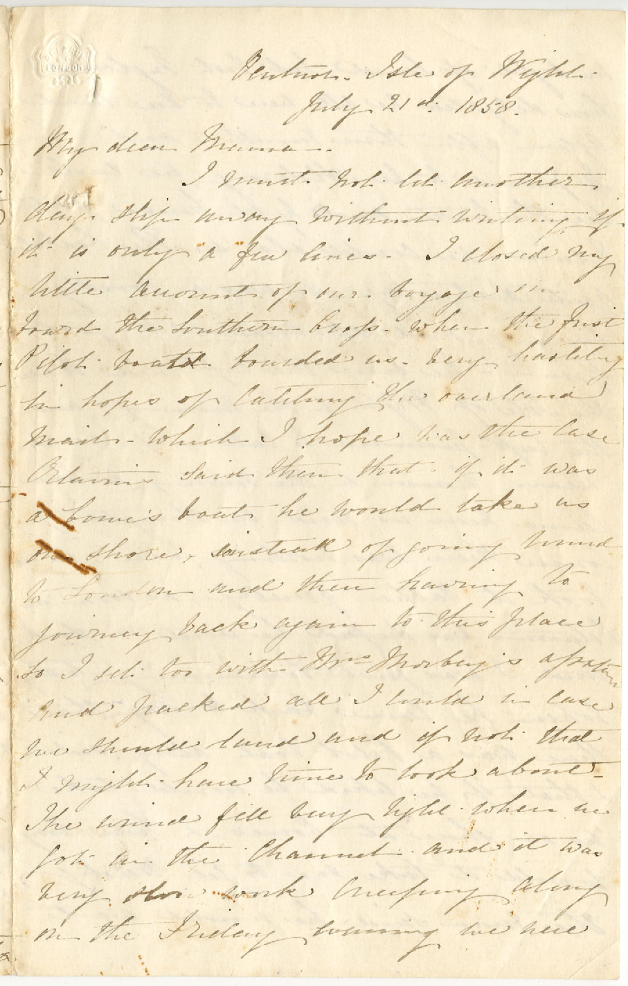 Letter from Catherine Hadfield to her mother, Marianne Williams, July 1858