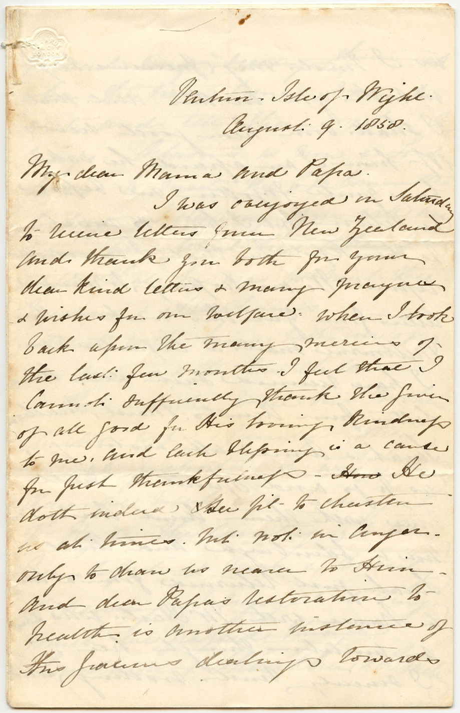 Letter from Catherine Hadfield to her parents, Marianne and Henry Williams, August 1858