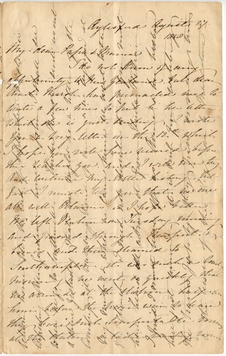 Letter from Catherine Hadfield to her parents, Marianne and Henry Williams, August 1858