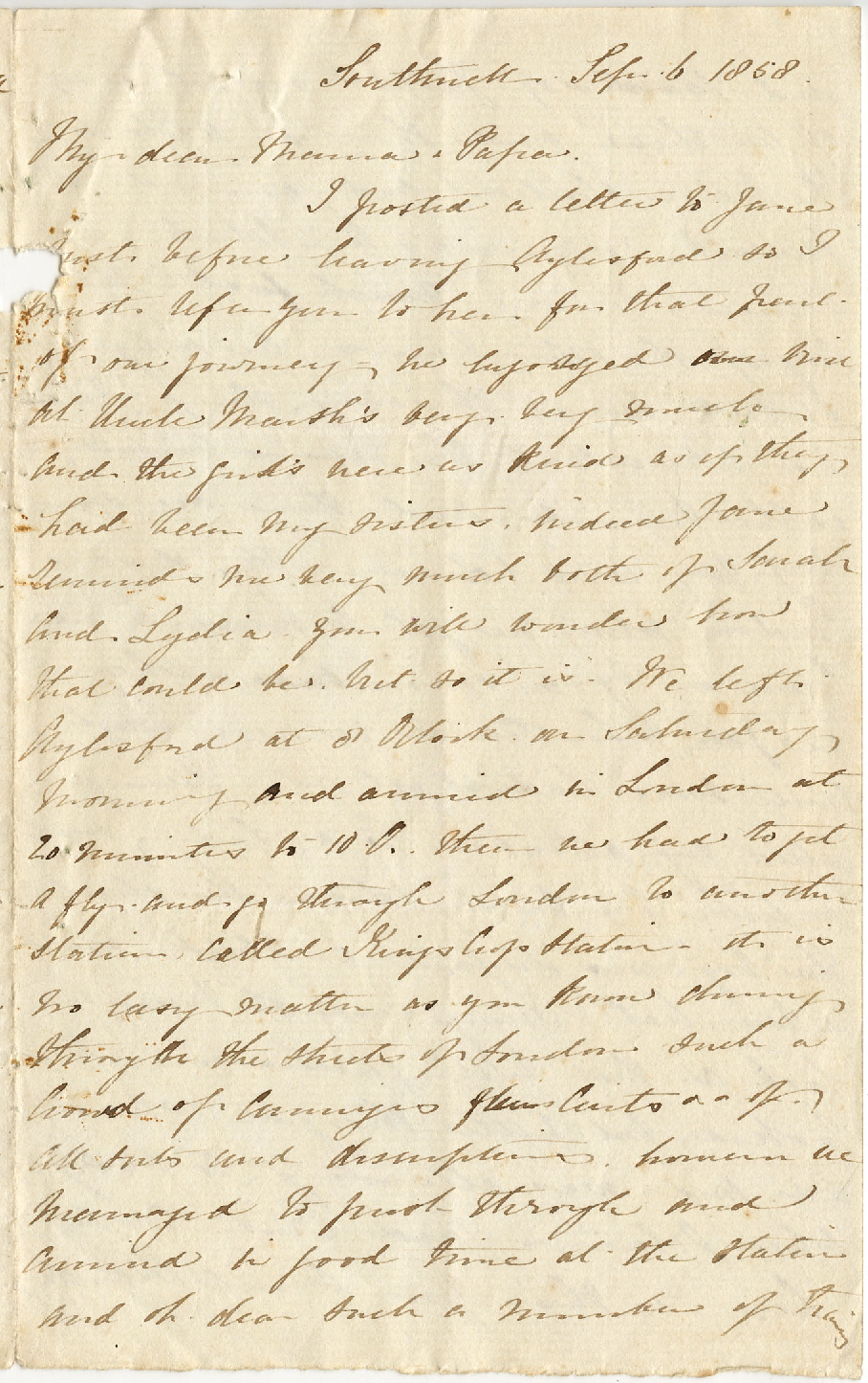 Letter from Catherine Hadfield to her parents, Marianne and Henry Williams, September 1858