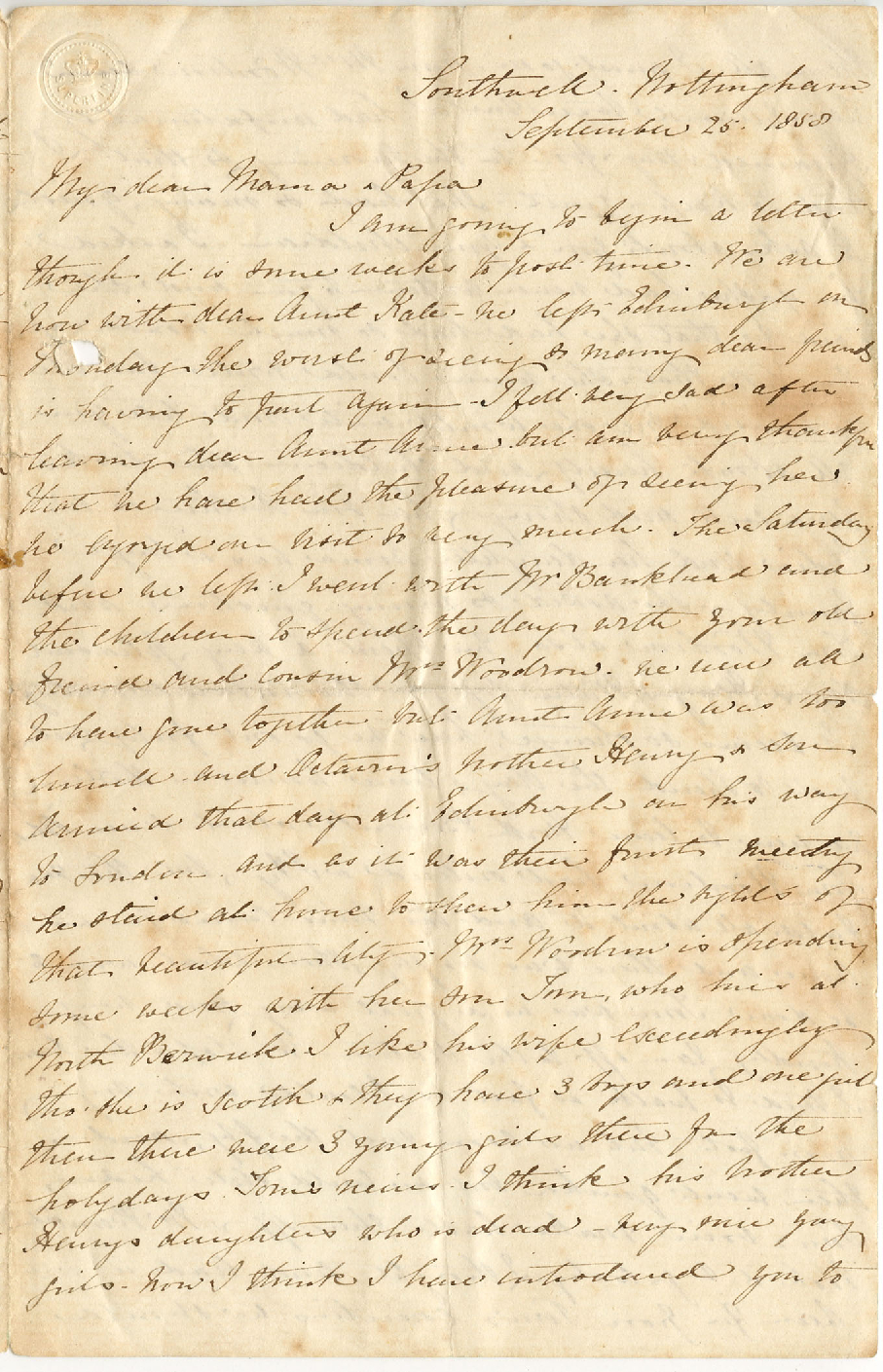 Letter from Catherine Hadfield to her parents, Marianne and Henry Williams, September 1858