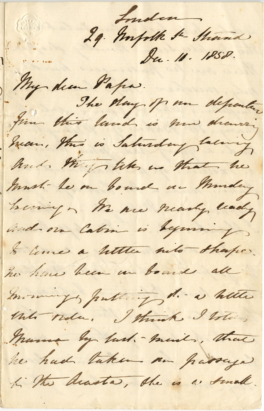 Letter from Catherine Hadfield to her father, Henry Williams, December 1858