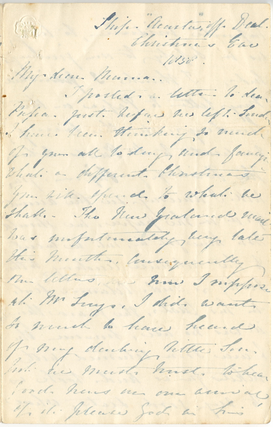 Letter from Catherine Hadfield to her mother, Marianne Williams, December 1858
