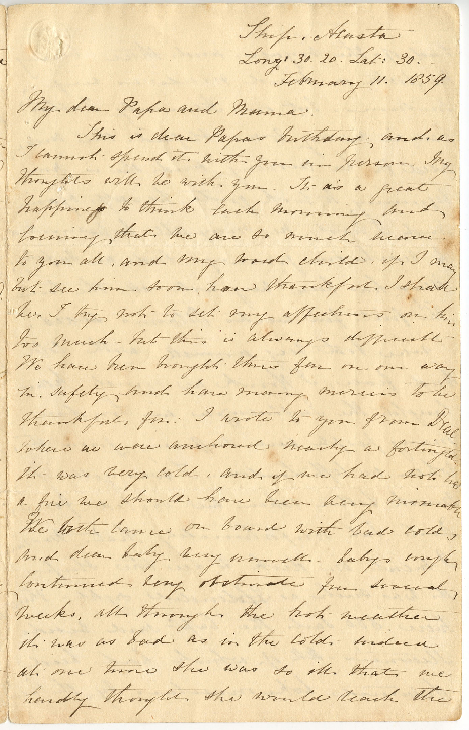Letter from Catherine Hadfield to her parents, Marianne and Henry Williams, February 1859