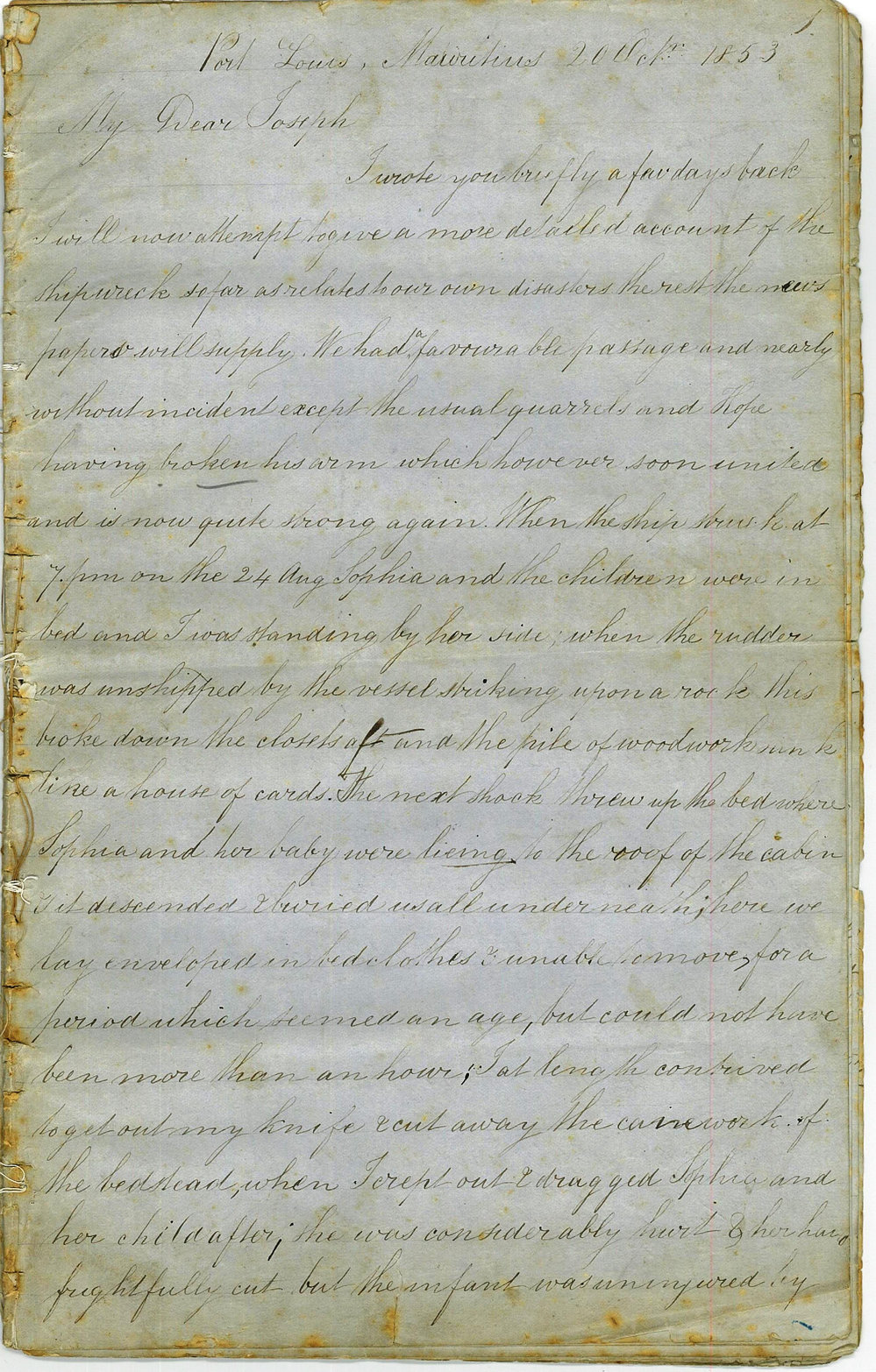 Letter from William Guyton to his brother Joseph concerning the wreck of the Meridian, October 1853
