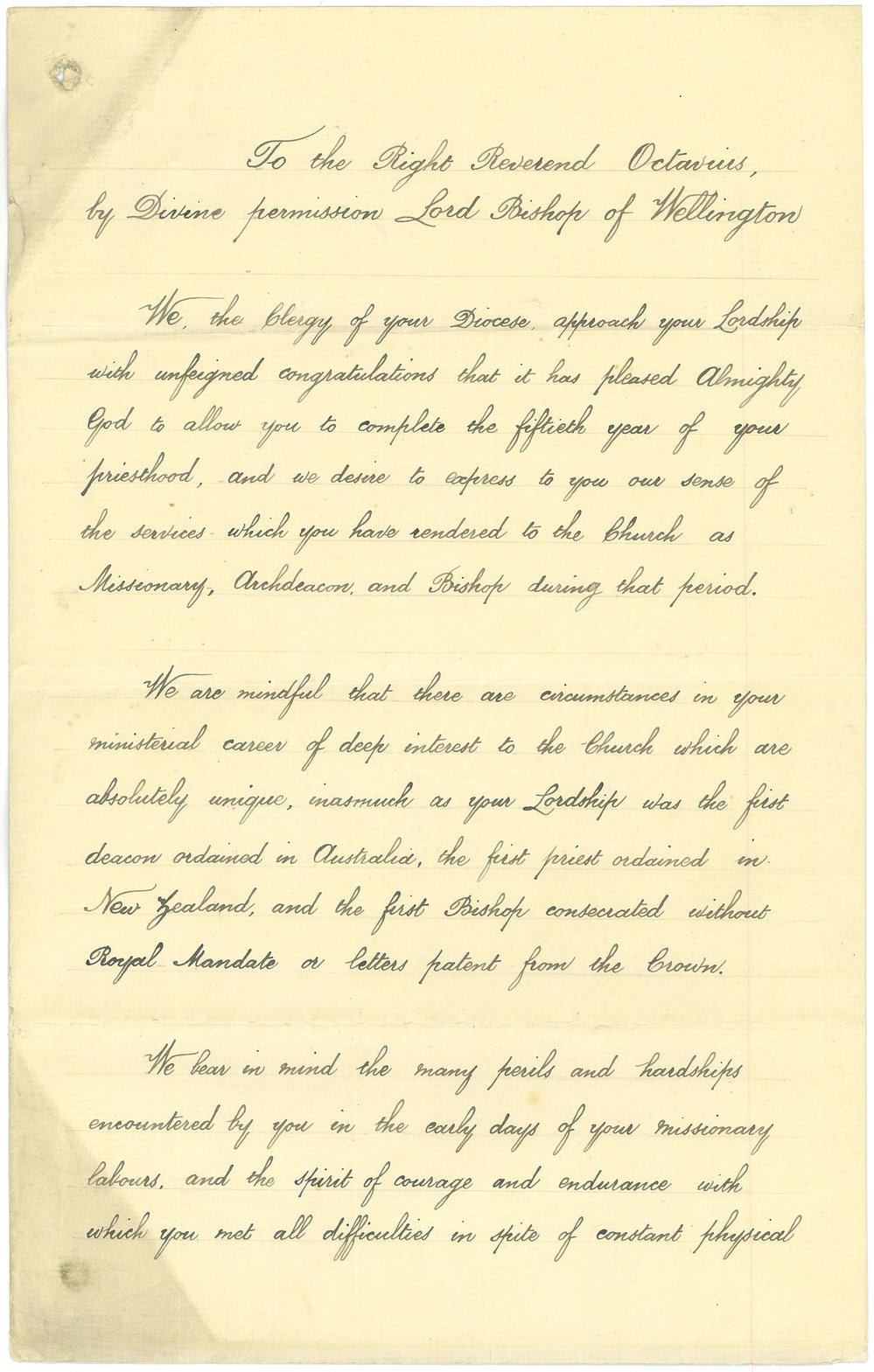 Address from the Wellington clergy on the occasion of Octavius Hadfield's 50th year of priesthood