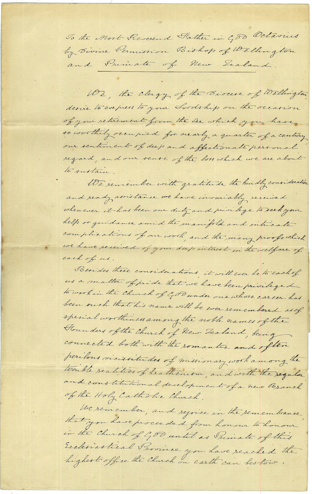 Address from the Wellington clergy on the occasion of Octavius Hadfield's retirement