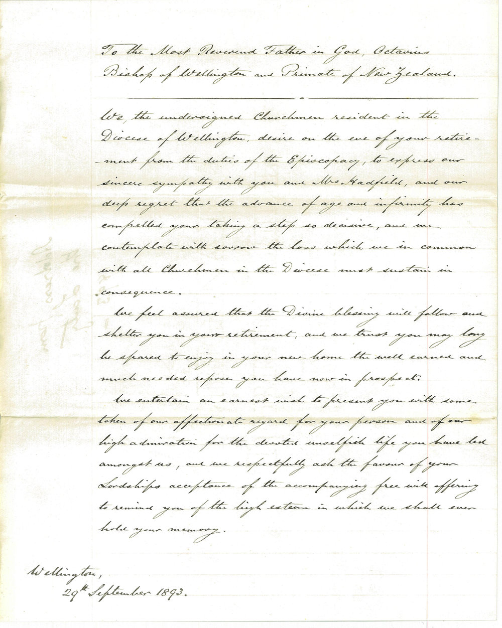 Address from the Wellington laity of the occasion of Octavius Hadfield's retirement