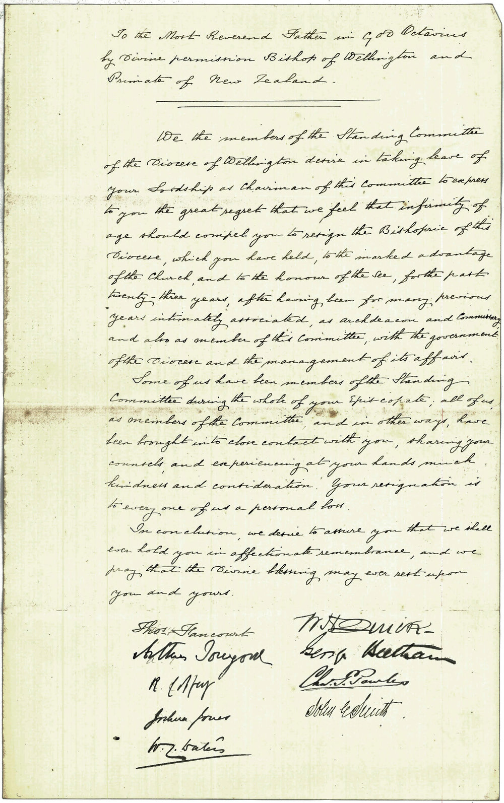 Address from the Committee of the Diocese of Wellington on the occasion of Octavius Hadfield's retirement