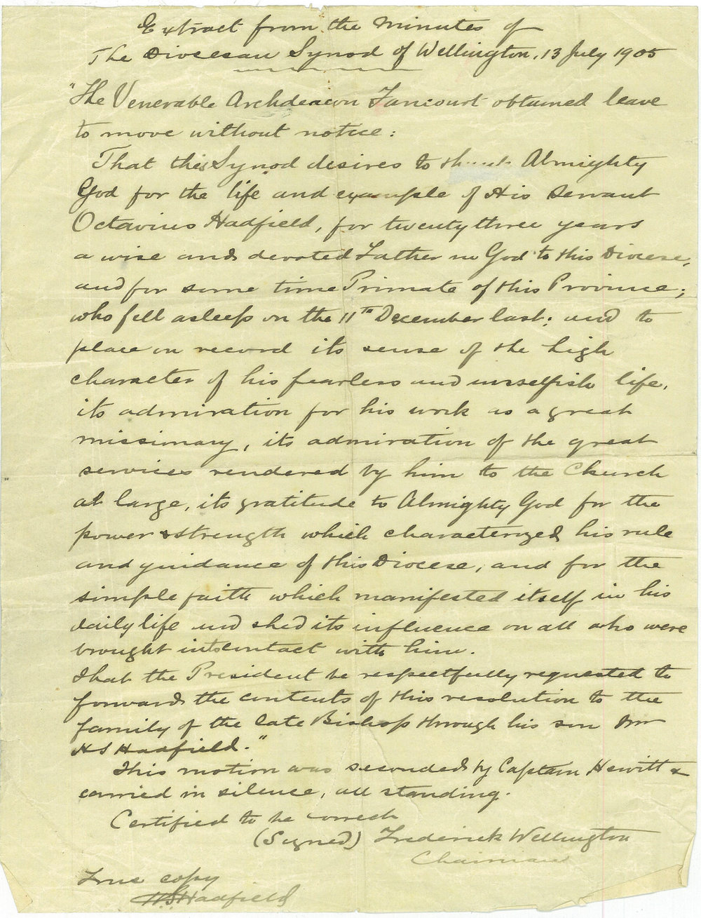 Resolution passed by the Diocese Synod of Wellington following the death of Octavius Hadfield