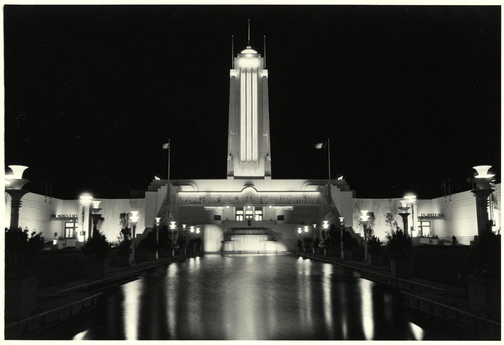Tower and reflecting pool at the Centennial Exhibition.