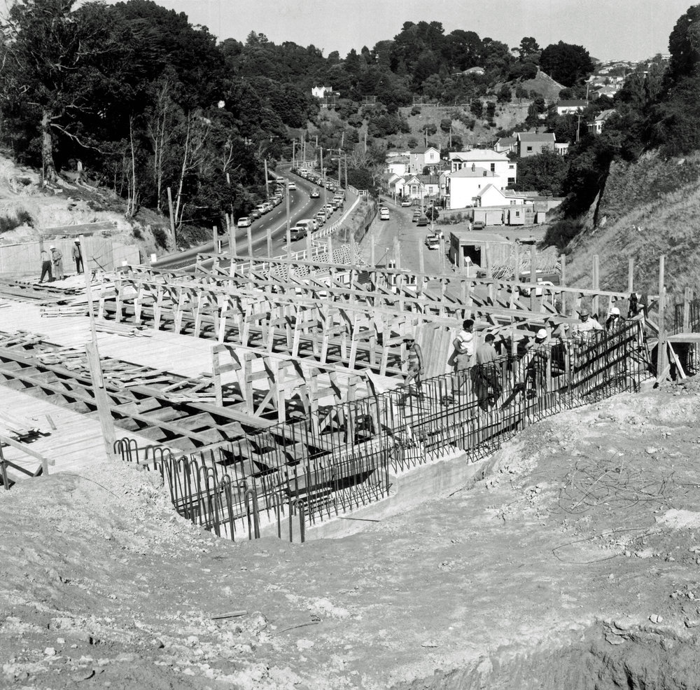 Motorway overpass being constructed over Bowen Street
