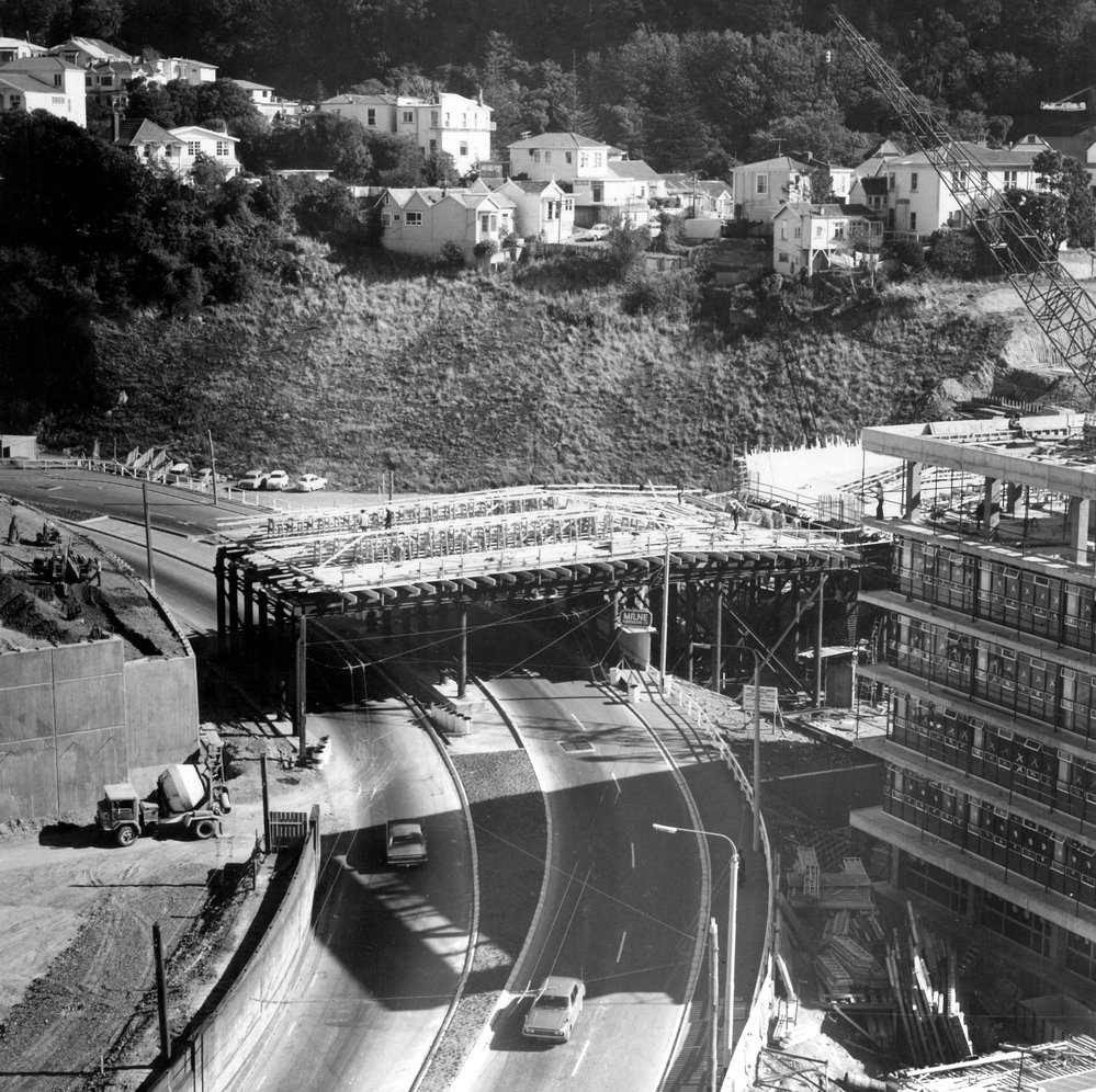Motorway overpass being constructed over Bowen Street