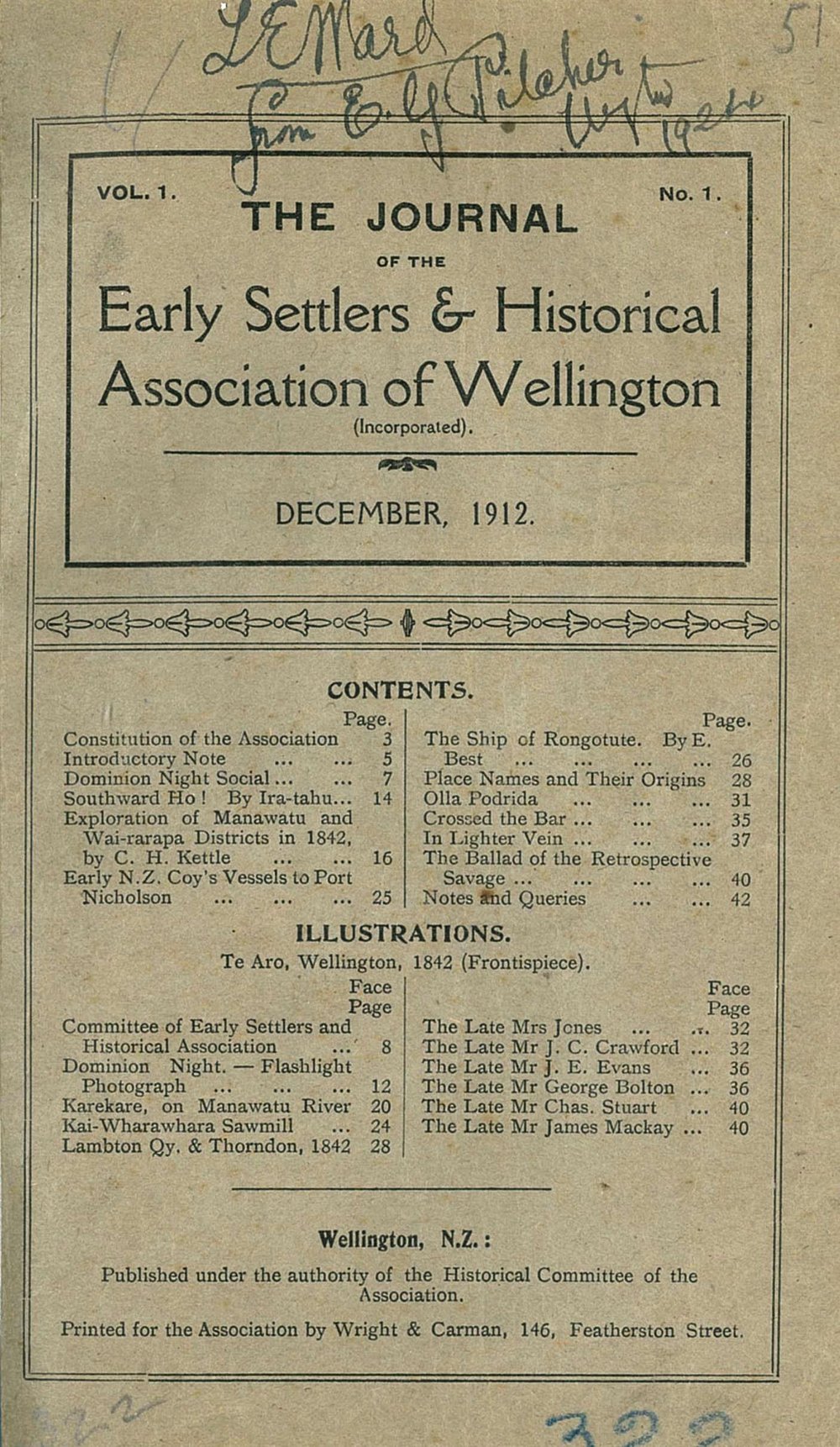 Vol 1 No 1 of The Journal of the Early Settlers and Historical Association of Wellington
