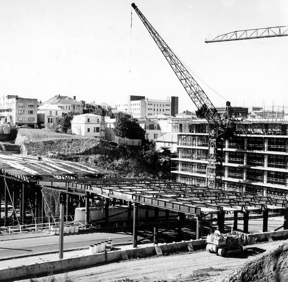 Motorway overpass being constructed over Bowen Street