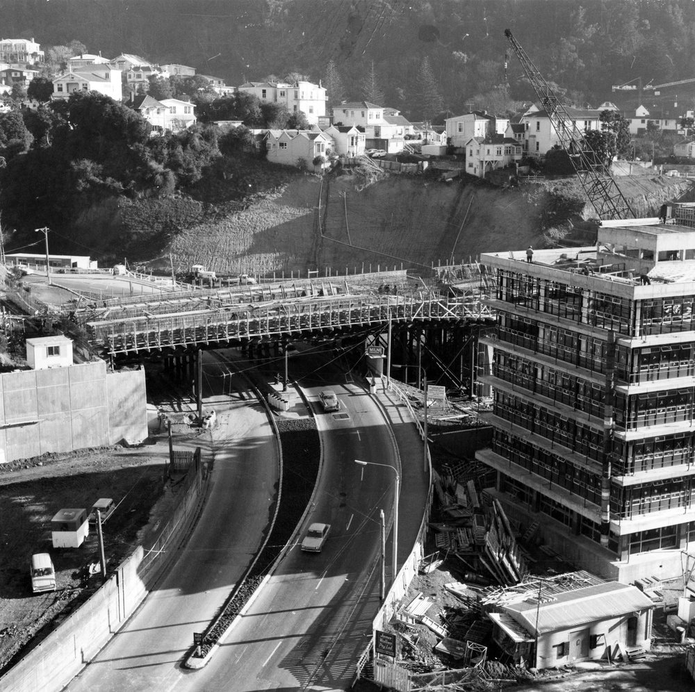 Motorway overpass being constructed over Bowen Street