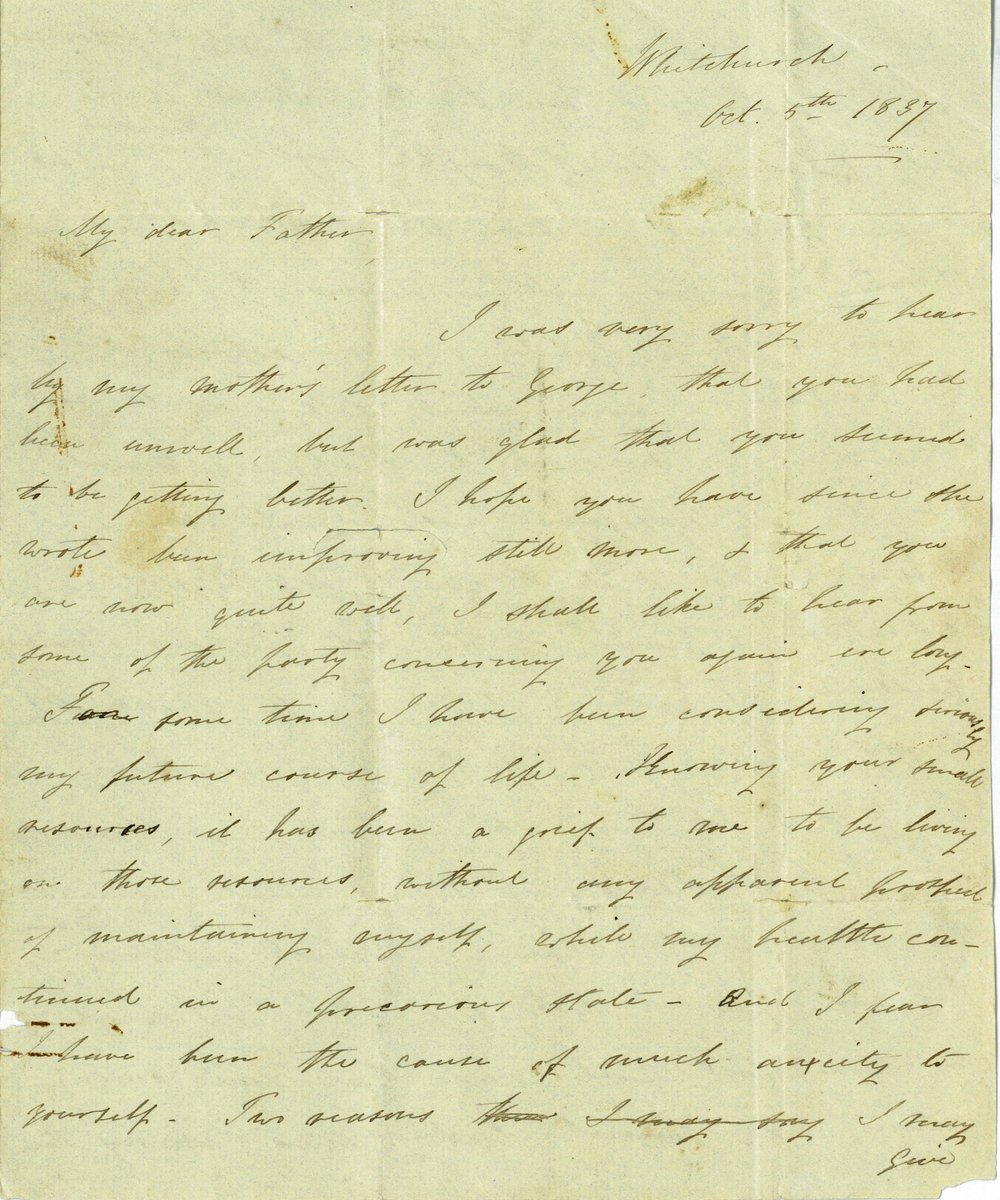 Letter from Octavius Hadfield to his father, October 1837