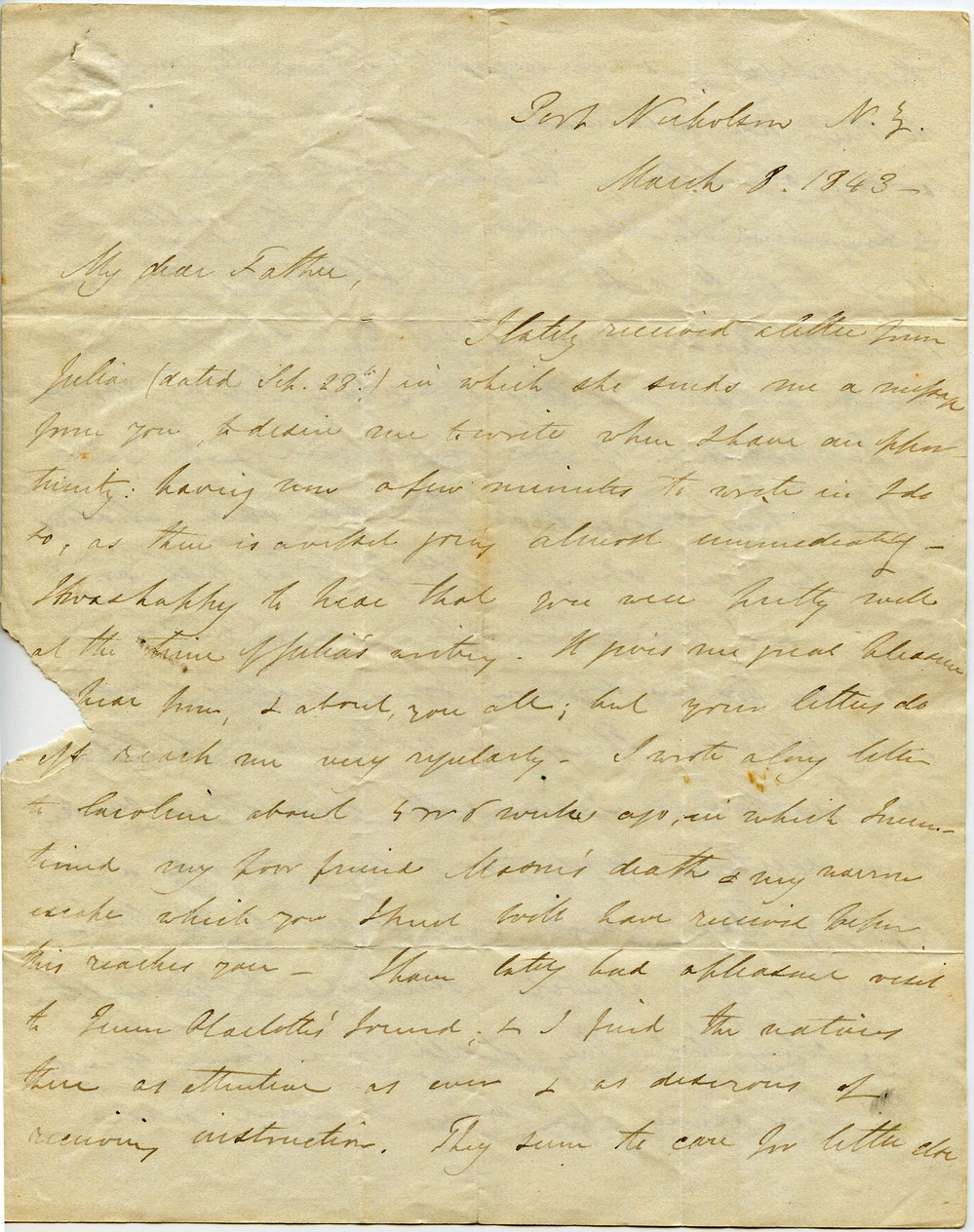 Letter from Octavius Hadfield to his father, March 1843