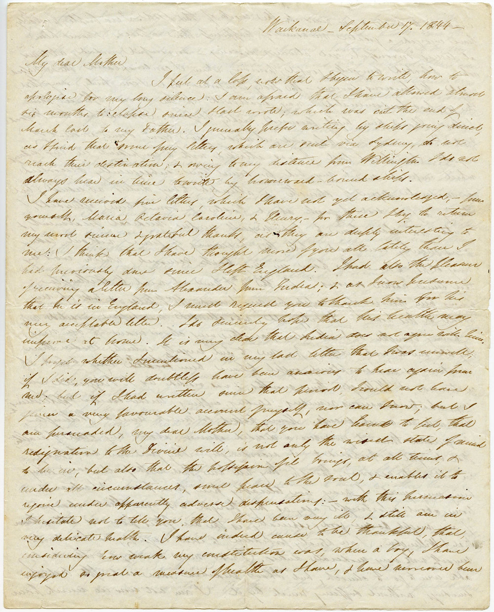 Letter from Octavius Hadfield to his mother, September 1844