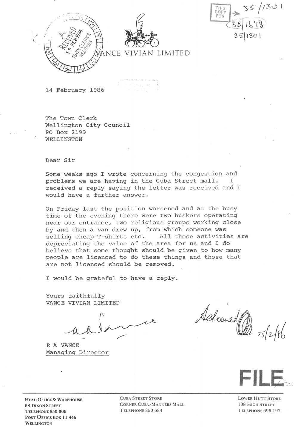 Letter of complaint regarding activities in Cuba Street