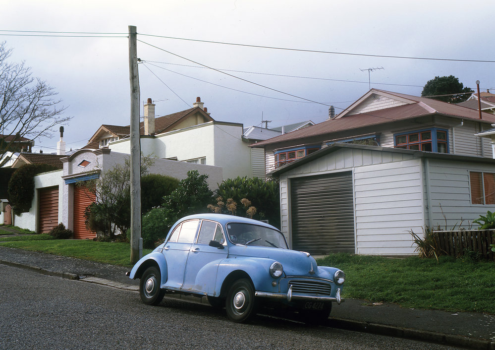 Blue Morris Minor on Hohiria Road, Hataitai,