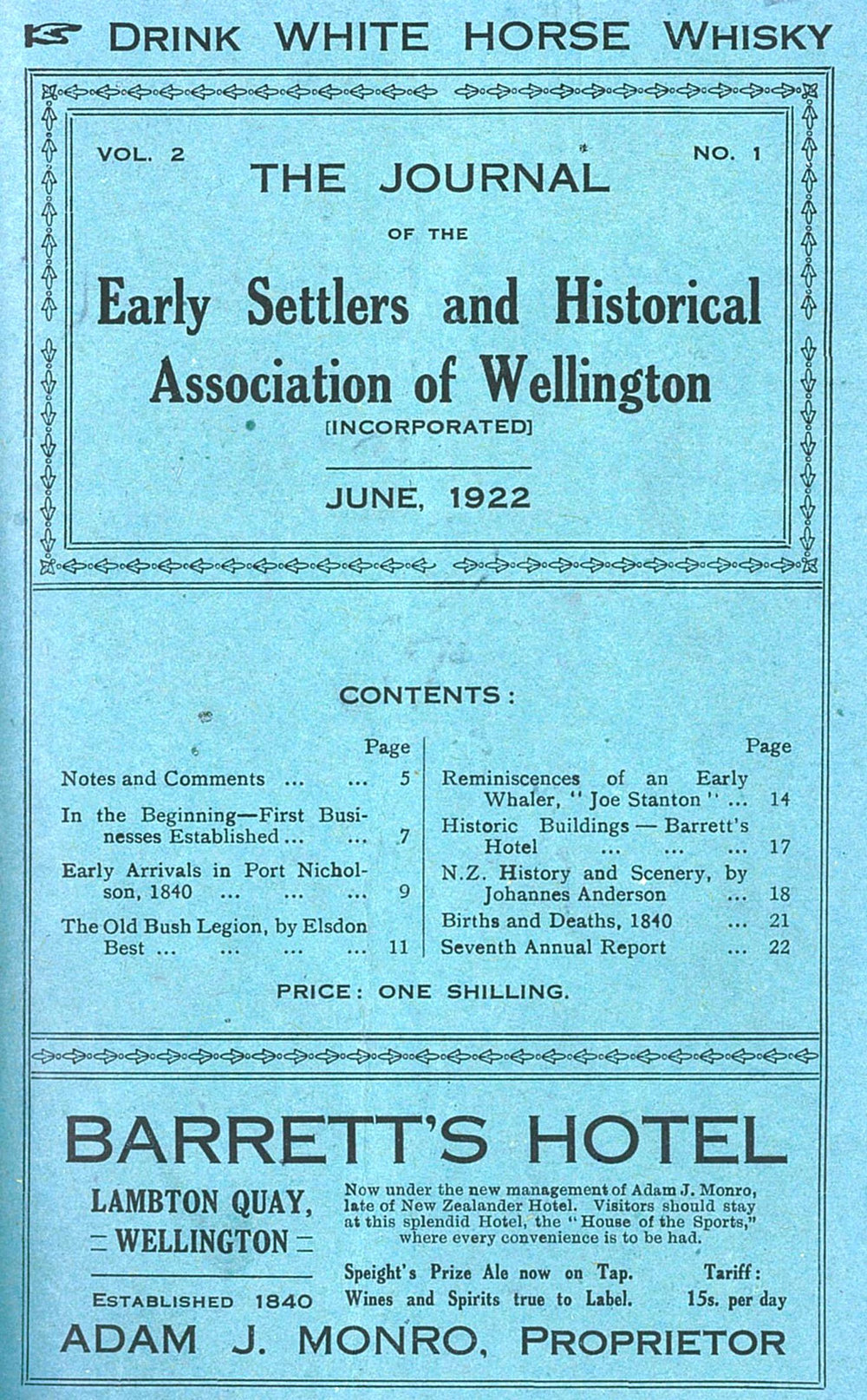 Vol 2, No 1 of The Journal of the Early Settlers and Historical Association of Wellington