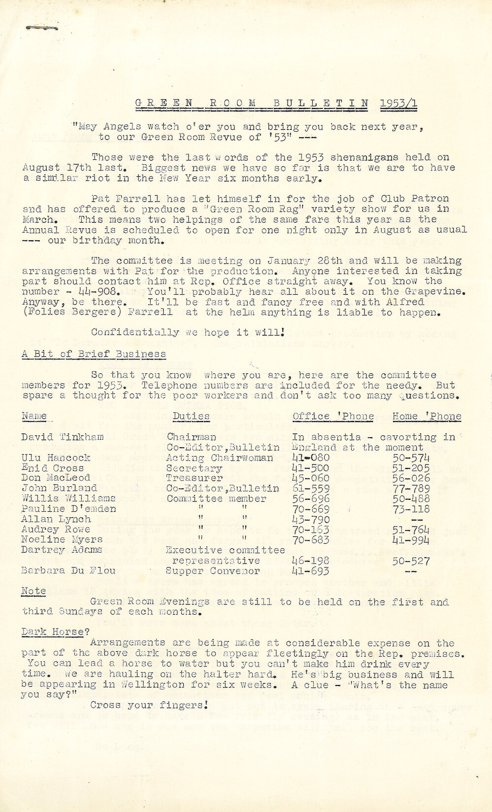 Green Room Bulletin 1953/1
