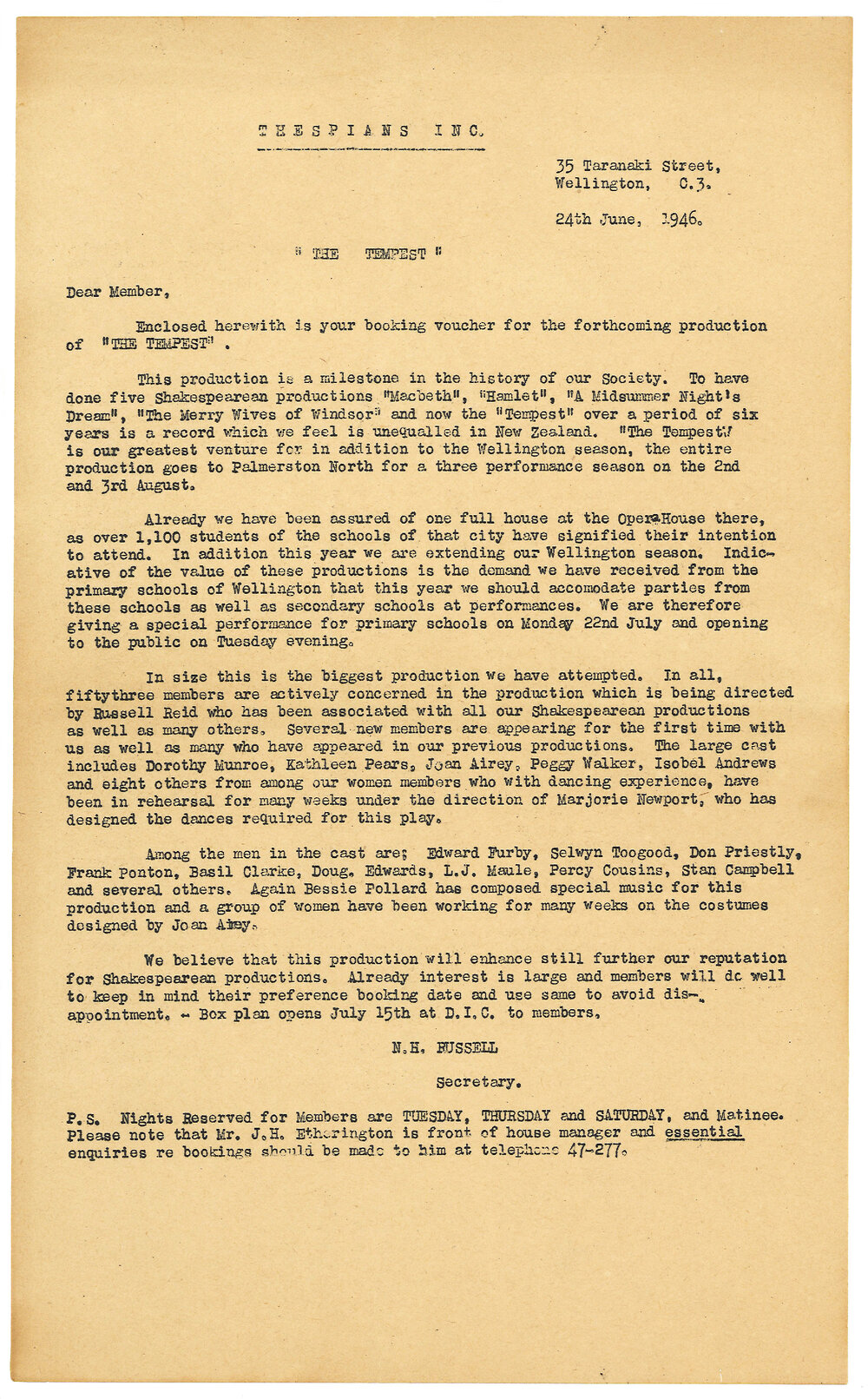 Thespians: letter to cast of "The Tempest" 