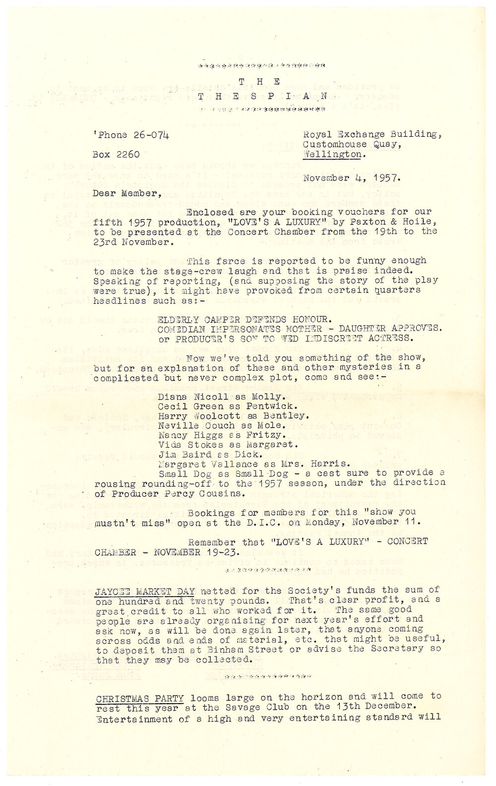 Thespians: documents relating to "Love's a Luxury"