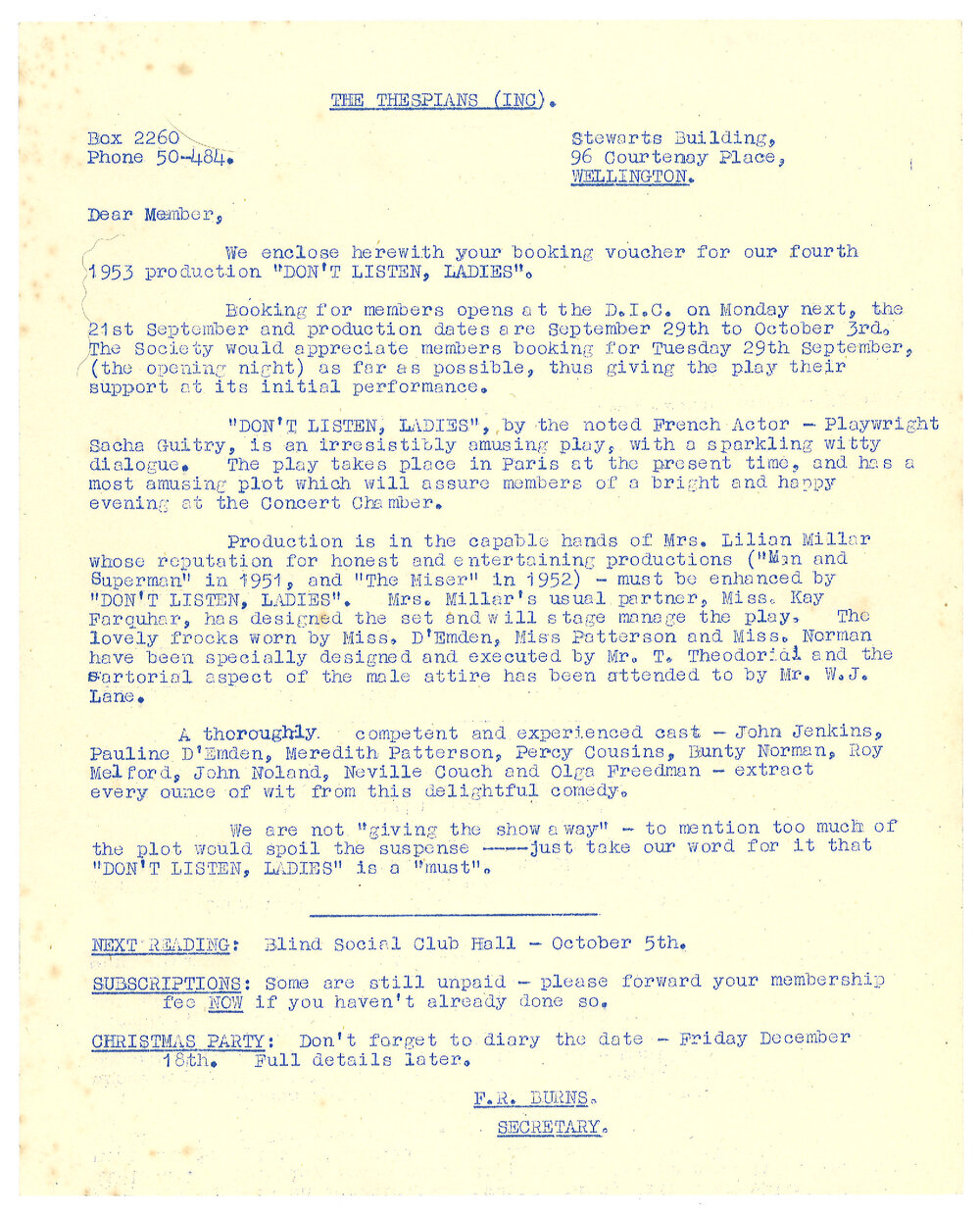 Thespians: documents relating to "Don't Listen, Ladies"