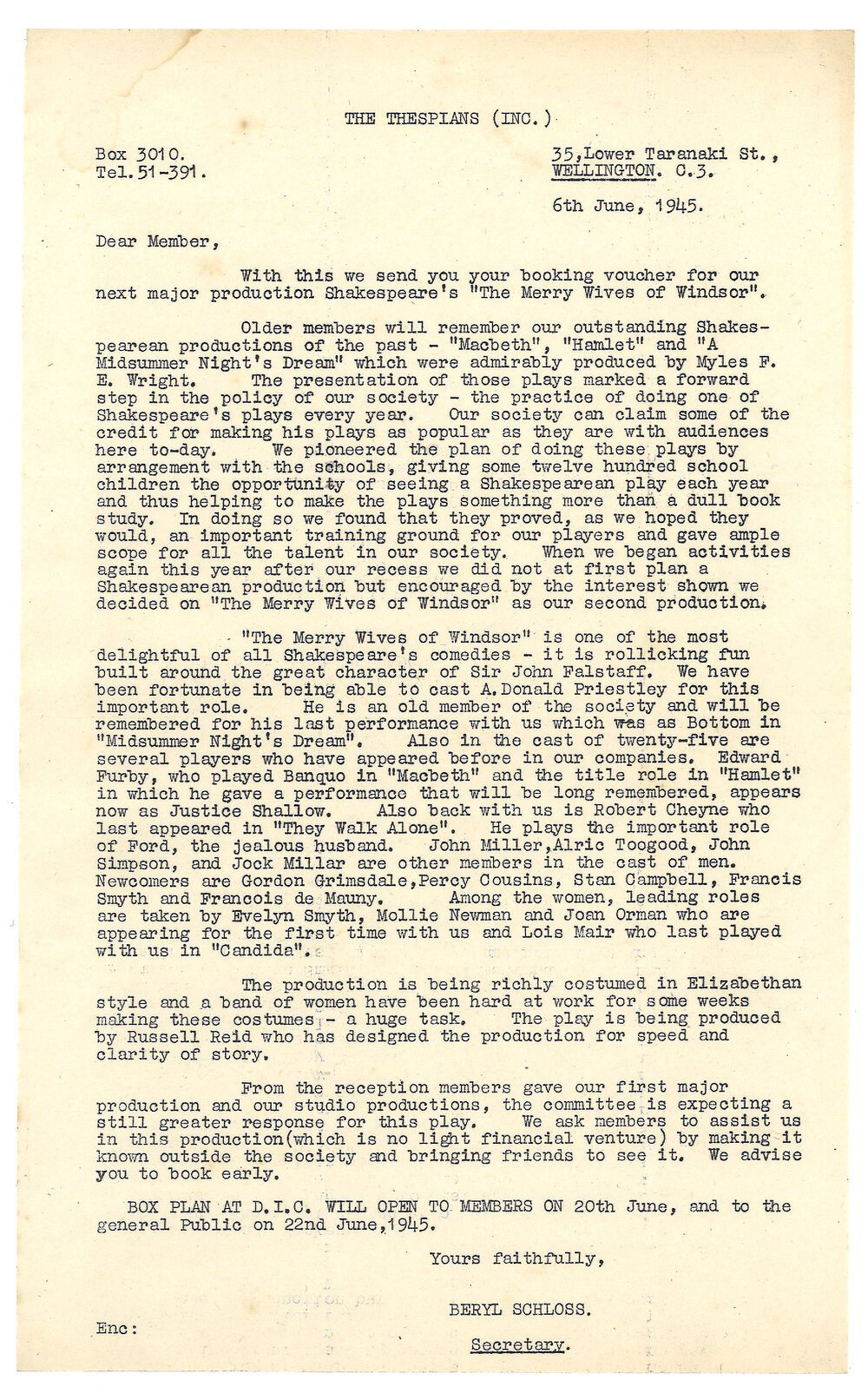 Thespians: documents relating to "Merry Wives of Windsor"