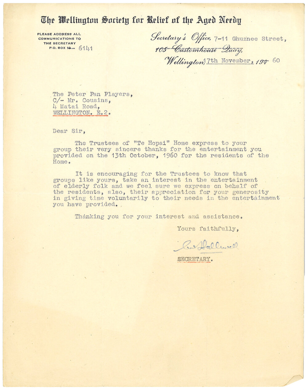 Letters addressed to the Peter Pan Players, 1960s