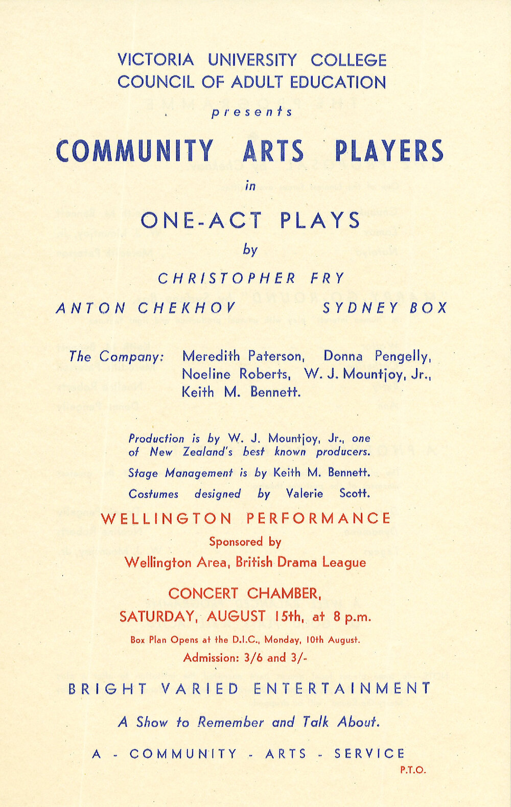 Community Arts Players in One-Act Plays: Wellington Performance