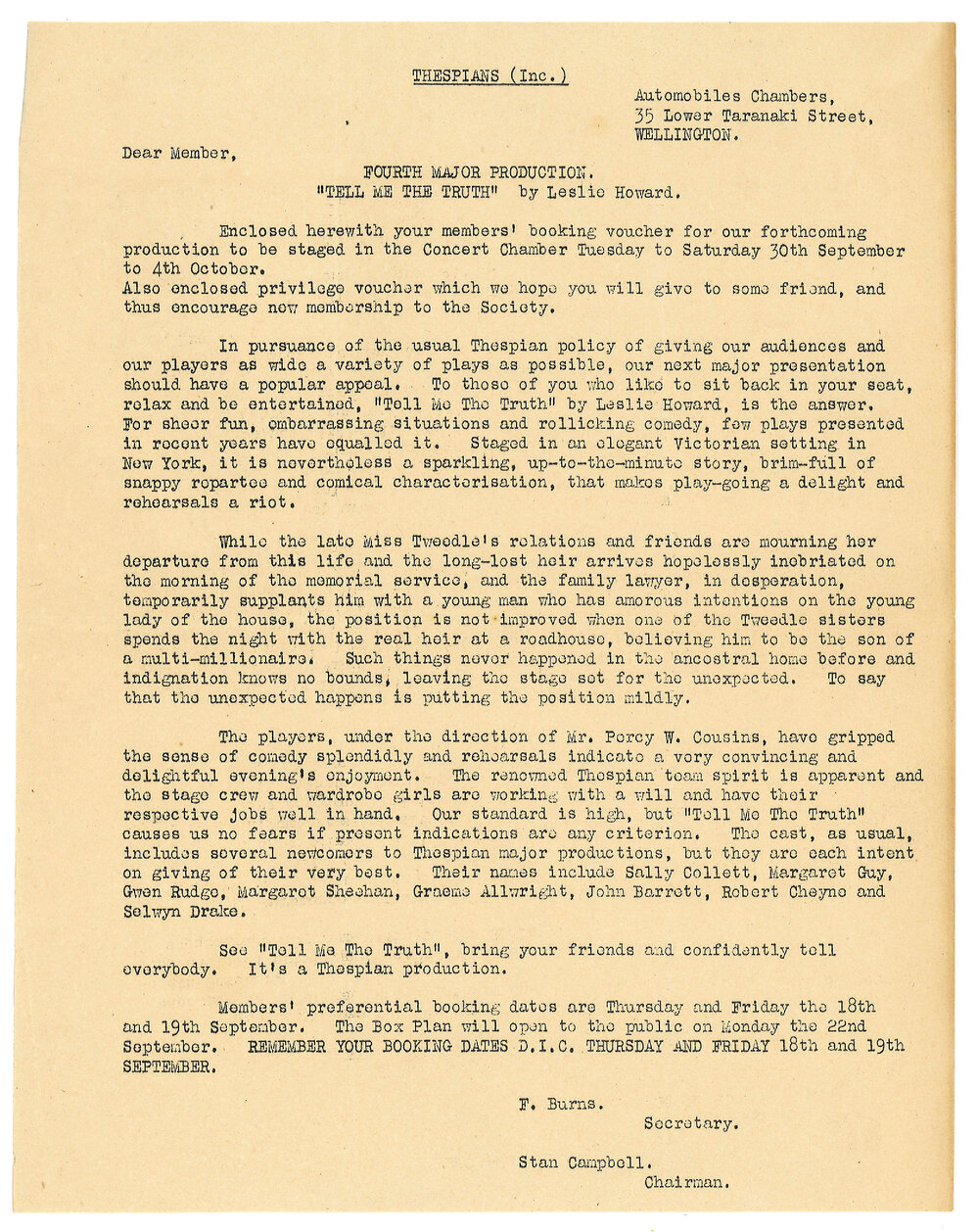 Thespians: documents relating to "Tell Me The Truth"