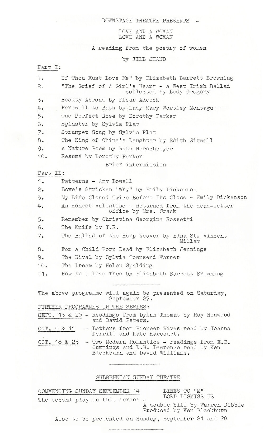 Downstage Theatre: "Love and a Woman" (poetry reading)