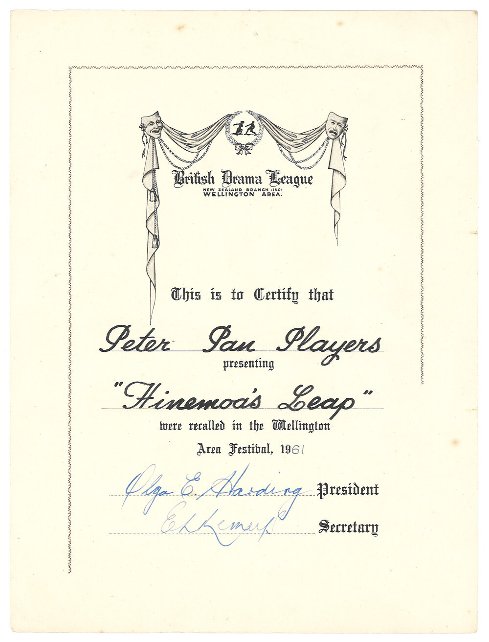 Certificate awarded to the Peter Pan Players for "Hinemoa's Leap"