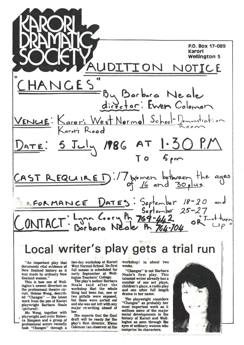 Karori Dramatic Society audition notice