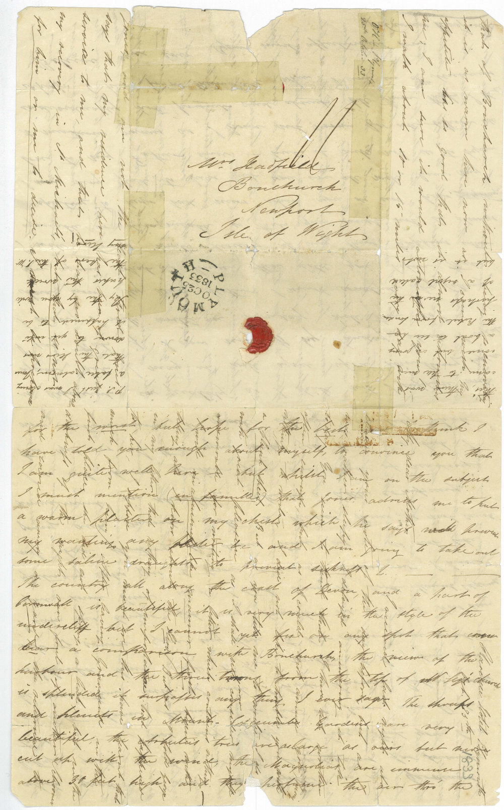 Letter from Octavius Hadfield to his mother, Amelia Caroline, October 1833