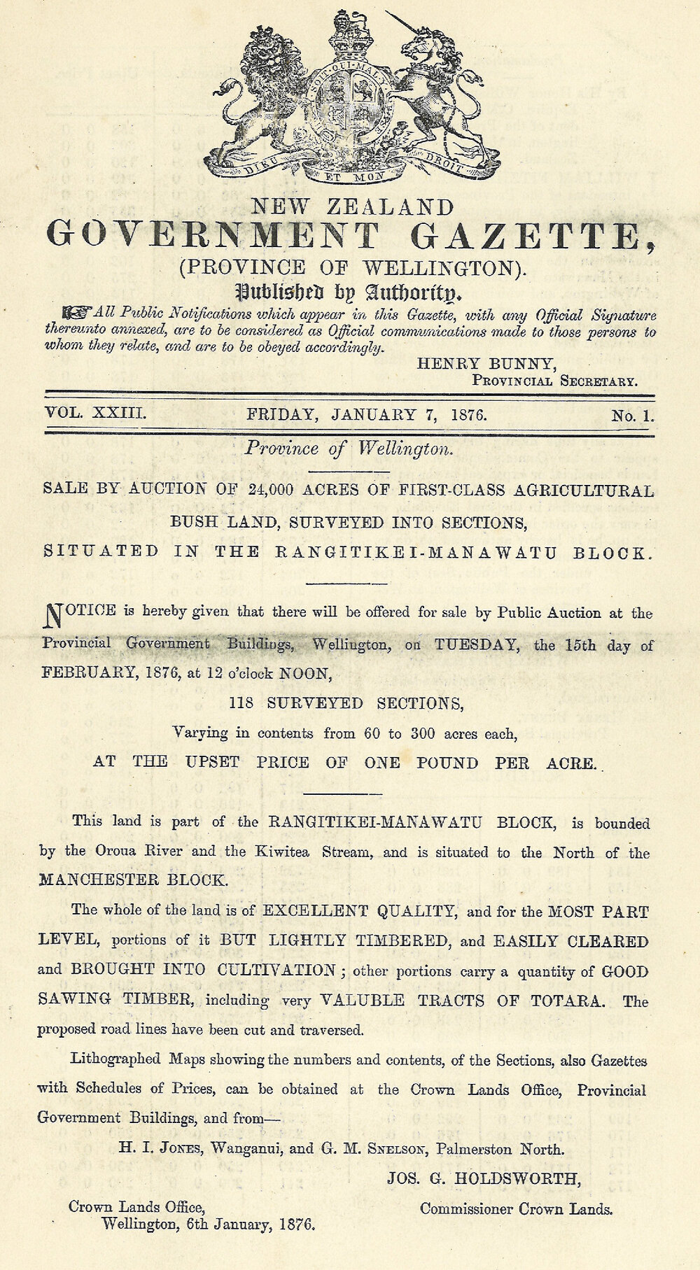 Wellington Provincial Council Gazette, Vol 23 (1876)