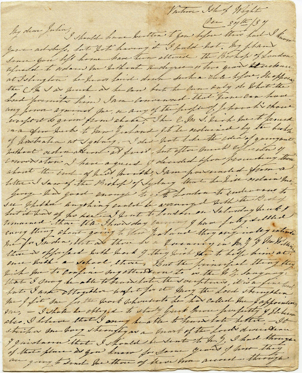 Letter from Octavius Hadfield to his sister Julia, December 1837
