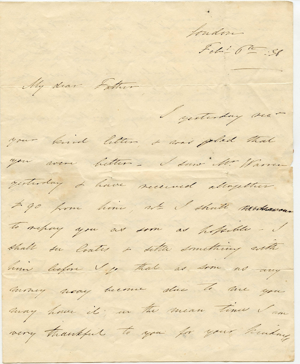 Letter from Octavius Hadfield to his father, February 1838