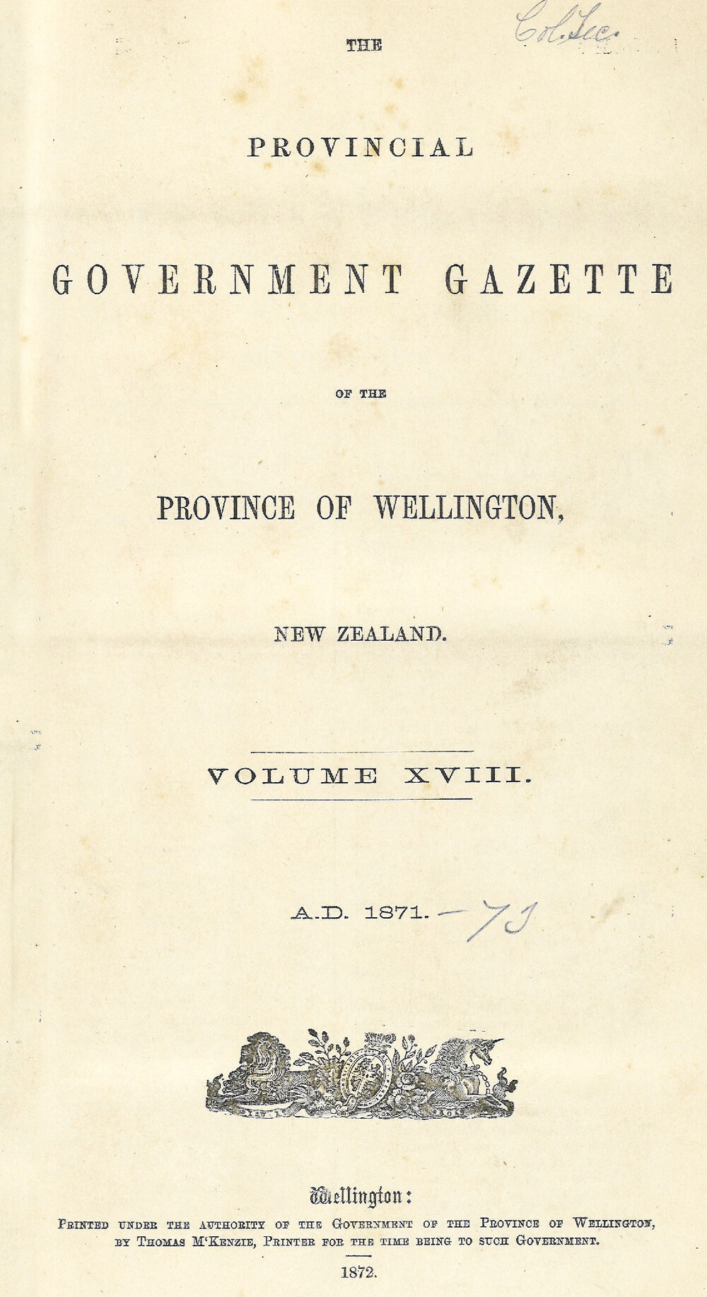 Wellington Provincial Council Gazette, Vol 18 (1871)