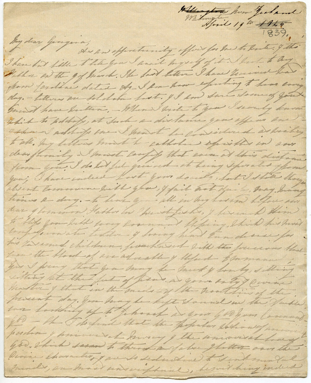 Letter from Octavius Hadfield to his sister, Georgina, April 1839